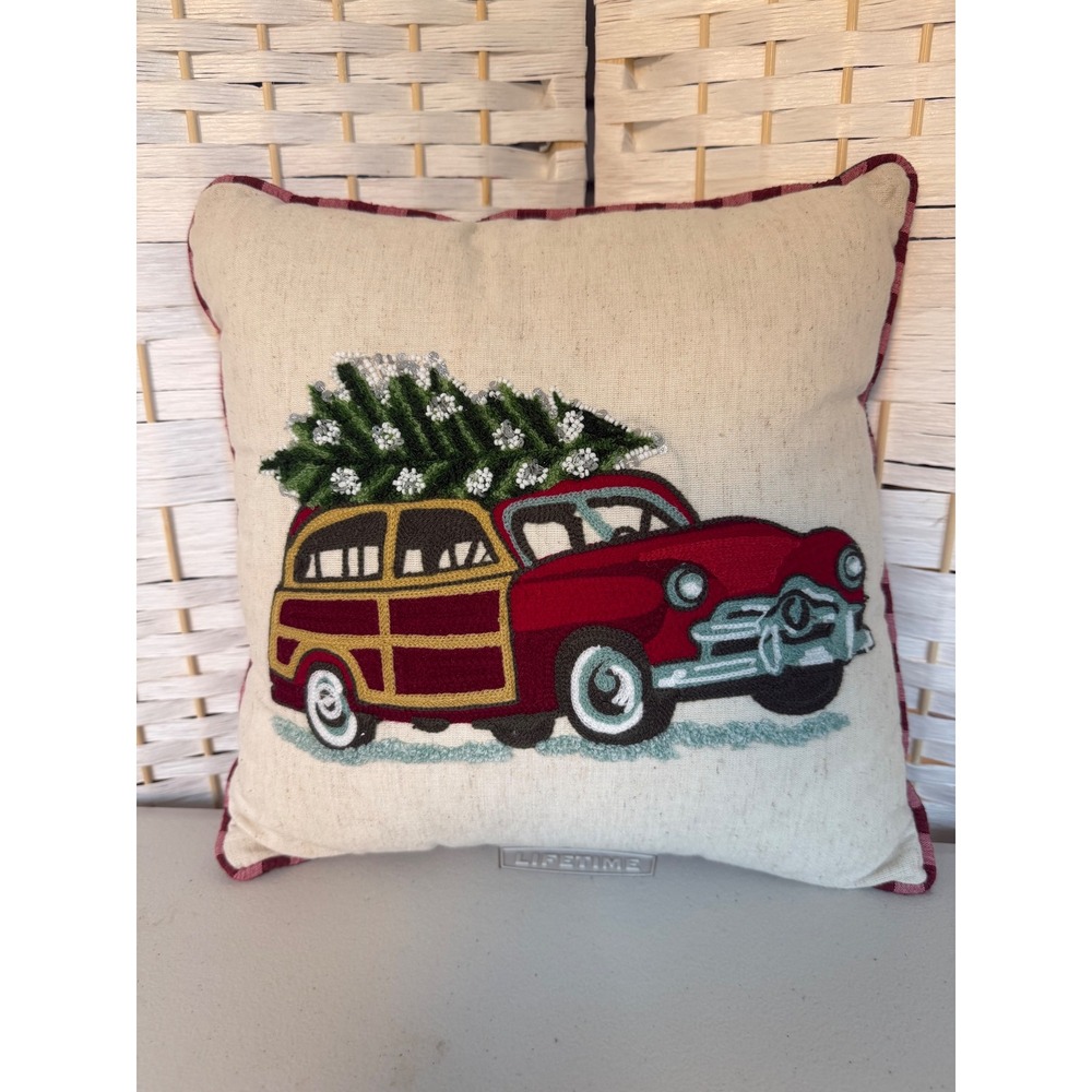 Embroidered Christmas Tree Wagon Car‎ Throw Pillow Red Plaid Back Holiday Decor